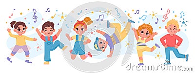 Happy cartoon children group dancing and jumping together. Fun active kid friends play. Kindergarten characters at dance Vector Illustration