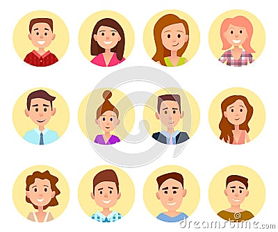 Happy Cartoon Children Portraits in Circles Set Vector Illustration