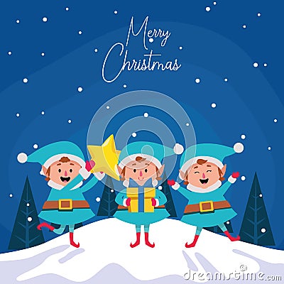 Happy cartoon christmas elfs with star and gift box Vector Illustration