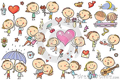 Happy cartoon couples in love, Valentine`s Day set Vector Illustration