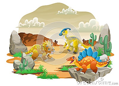 Happy Cartoon Dinosaurs at the Prehistoric Desert Land Vector Illustration