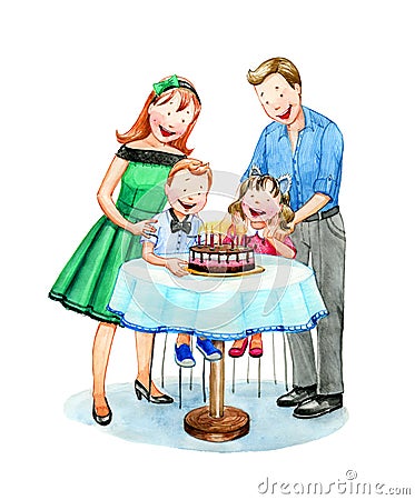 Happy cartoon family celebrating children`s Birthday. Watercolor illustration. Cartoon Illustration