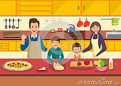 Happy cartoon family cooks pizza in kitchen. Vector Illustration