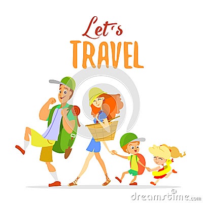 Happy cartoon family going on summer vacation. Vector Illustration