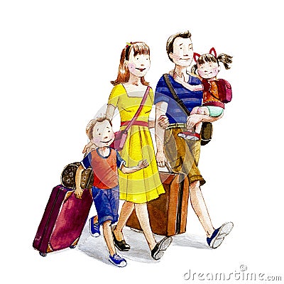 Happy cartoon family going on vacation.Watercolor illustration. Cartoon Illustration