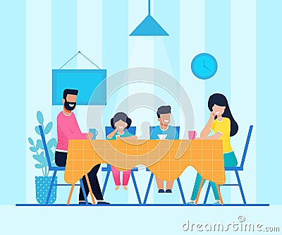 Happy Cartoon Family Have Dinner at Home Together Vector Illustration