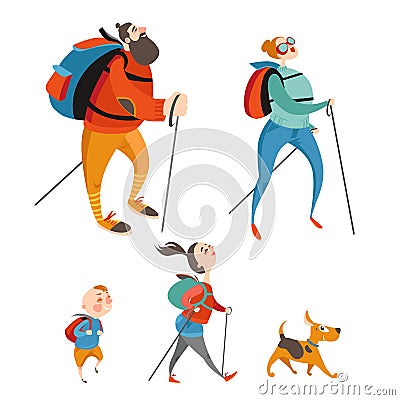 Happy cartoon family hiking together. Vector Illustration