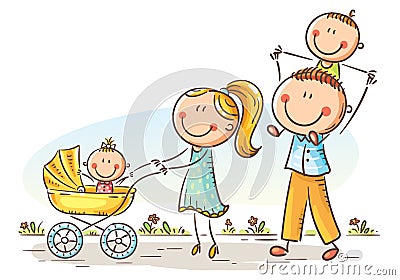 Happy cartoon family with two children walking outdoors Vector Illustration