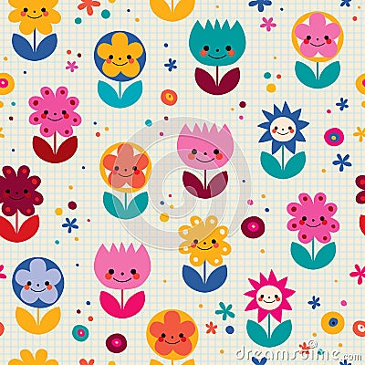 Happy cartoon flowers nature seamless pattern Vector Illustration