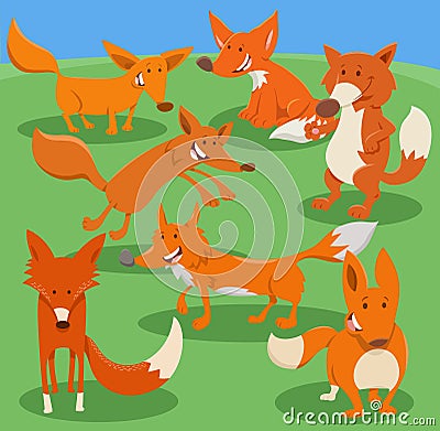 happy cartoon foxes wild animal characters group Vector Illustration