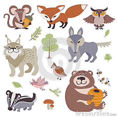 Happy cartoon and funny wood animals in forest vector collection Vector Illustration