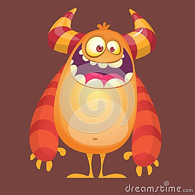 Happy cartoon furry monster. Orange vector troll character. Design for icon, emblem, sticker or children book illustration. Vector Illustration