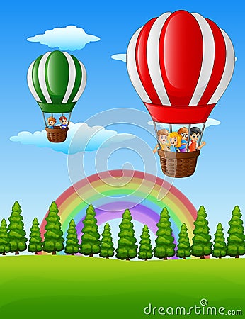 Happy cartoon kids flying in a hot air balloon Vector Illustration