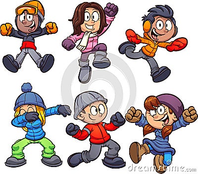 Happy cartoon kids in winter clothes. Vector Illustration