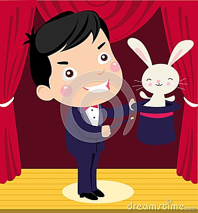 A happy cartoon magician pulling a rabbit out of h Vector Illustration