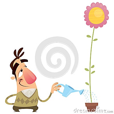 Happy cartoon man gardener watering flower that growing fast Vector Illustration