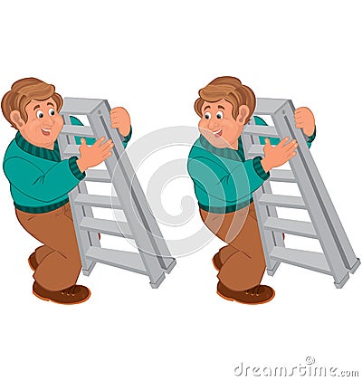 Happy cartoon man standing in green shirt and brown pants holding ladder Stock Photo