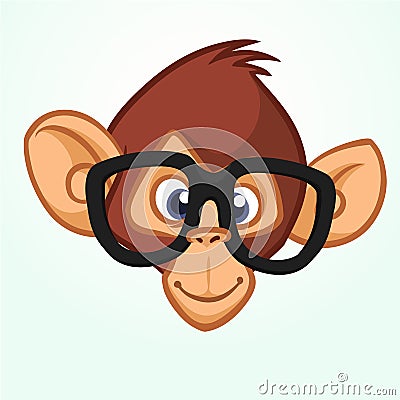 Happy cartoon monkey head wearing glasses. Vector icon of chimpanzee Vector Illustration