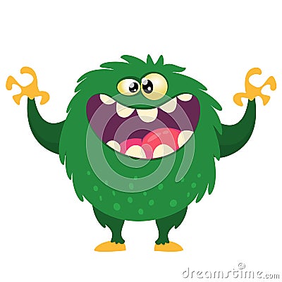 Happy cartoon monster with big mouth full of teeth. Vector green monster illustration. Halloween design. Vector Illustration