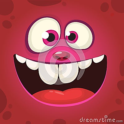 Happy cartoon monster face with a big smile. Vector Halloween pink monster illustration Vector Illustration