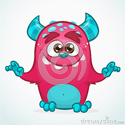 Happy cartoon monster. Halloween pink furry monster. Big collection of cute monsters. Halloween character Vector Illustration