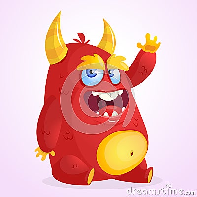 Happy cartoon monster. Halloween vector horned fat monster sitting and waving. . Vector Illustration