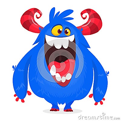 Happy cartoon monster with mouth open. Halloween vector blue monster. Vector Illustration