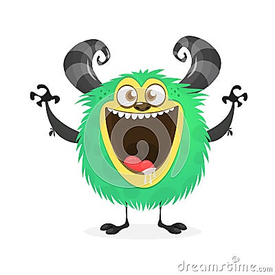 Happy cartoon monster. Vector Halloween green furry monster. Vector Illustration