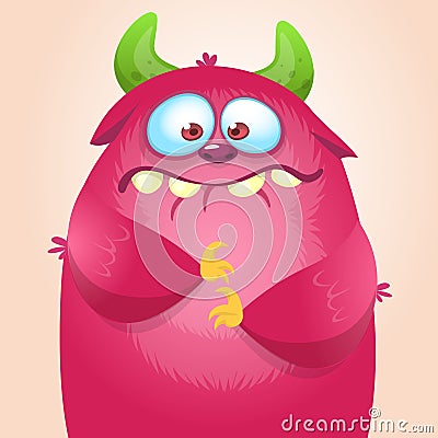 Happy cartoon monster. Vector Halloween pink furry monster. Vector Illustration