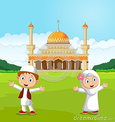 Happy cartoon Muslim kids waving hand in front of mosque Vector Illustration