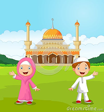 Happy cartoon Muslim kids waving hand in front of mosque Vector Illustration