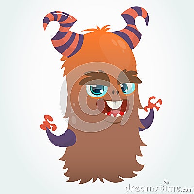 Happy cartoon orange and fluffy horned monster . Halloween vector character mascot Vector Illustration