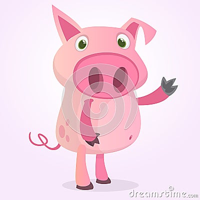 Happy cartoon pig presenting. Farm animals. Vector illustration of a smiling piggy isolated on white. Vector Illustration