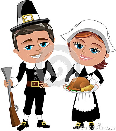 Happy Cartoon Pilgrims With Rifle and Roast Turkey Vector Illustration