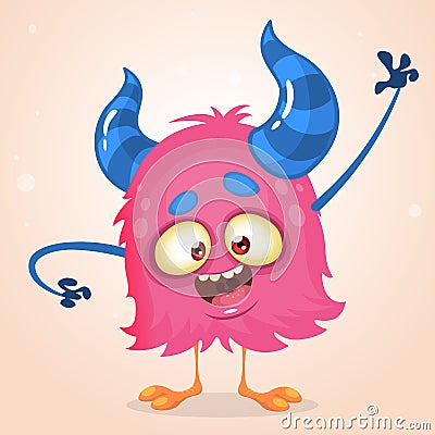 Happy cartoon pink monster. Vector Halloween horned character waving Vector Illustration