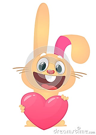 Happy cartoon rabbit holding a heart. St. Valentine`s Day. Vector illustration of a smiling bunny. Vector Illustration