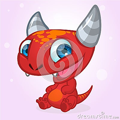 Happy cartoon red monster. Halloween vector devil character sitting. Vector Illustration