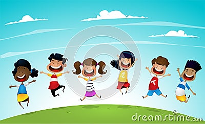 Happy school multiracial children joyfully jumping . Vector Illustration