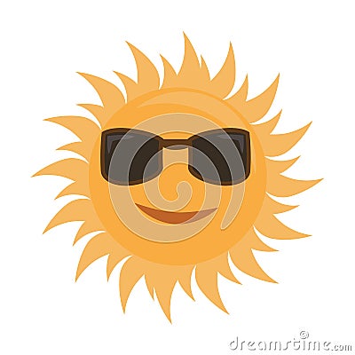 Happy cartoon style sun is smiling with sunglasses. Vector Illustration