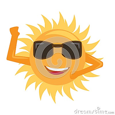 Happy cartoon style sun is smiling with sunglasses and saying hello Vector Illustration