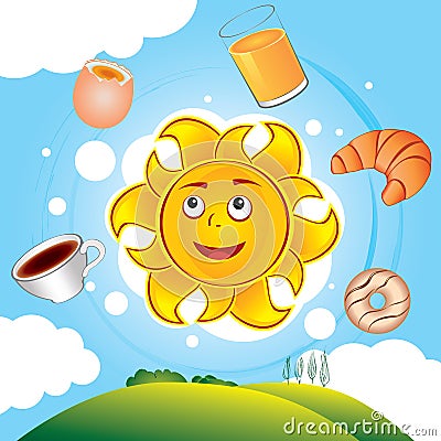 Happy cartoon sun cooked breakfast Vector Illustration