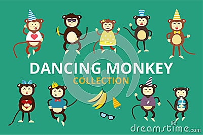 Happy cartoon vector monkey dancing party birthday Vector Illustration