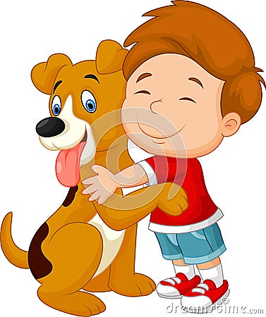 Happy cartoon young boy lovingly hugging his pet dog Vector Illustration