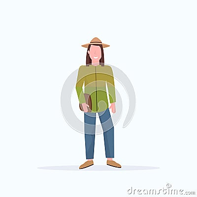 Happy casual man standing pose smiling long haired guy wearing trendy clothes holding handbag male cartoon character Vector Illustration