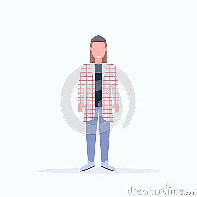 Happy casual man standing pose smiling long haired guy wearing trendy clothes male cartoon character full length flat Vector Illustration