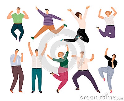 Happy casual people. Diverse casual clothing smiling persons, group of cartoon young adult men and women, jumping and Vector Illustration