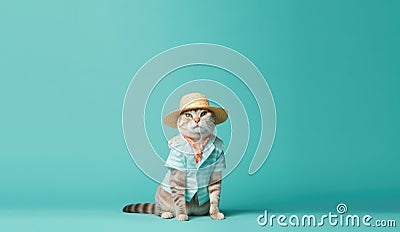 Happy Cat Balinese In A Hat Beachwear Teal Blue Background. Generative AI Stock Photo