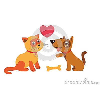 Happy Cat And Dog Friendship. Cartoon Illustration Of Best Friends. Vector Illustration