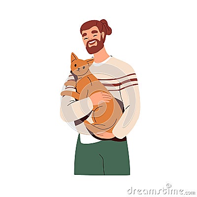 Happy cat owner, man holding adorable funny kitty in arms. Smiling young guy and feline animal. Human and pet love Vector Illustration