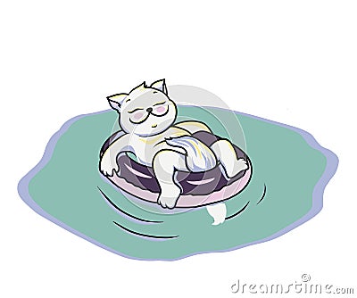 Happy cat resting on the sea and sunbathing Cartoon Illustration